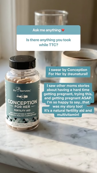 A natural-light product shot paired with an Instagram-style question box and personal testimonial about TTC success.